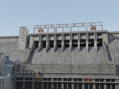 Massive Hydroelectric Dam With Concrete Spillway Gates And Water Control System 3d model