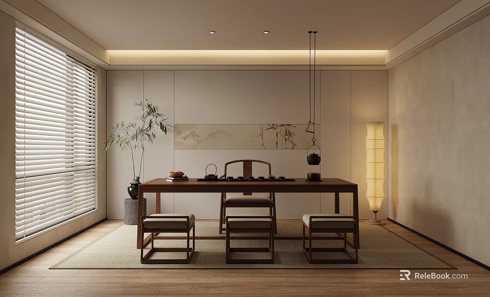 Modern Tea Room Interior Design With Wooden Table Stools Plants And Hanging Lights 3d model 
