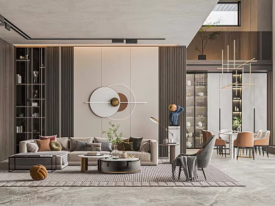 Modern Duplex Living Room Interior With Sofa Coffee Table Circular Wall Decor And Bookshelves 3d model