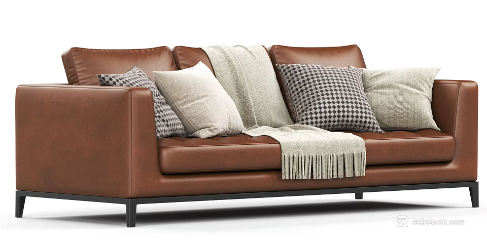 Modern Brown Leather Two Seater Sofa With Houndstooth Pillows And Fringed Throw Blanket 3d model 