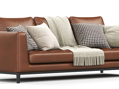Modern Brown Leather Two Seater Sofa With Houndstooth Pillows And Fringed Throw Blanket 3d model