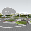 Modern Pergola Design With White Leaf Shaped Structures In Circular Green Outdoor Setting 3d model