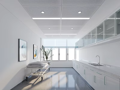 Hospital Outpatient Clinic Bright White Corridor With Medical Trolley Windows Cabinets And Sink 3d model