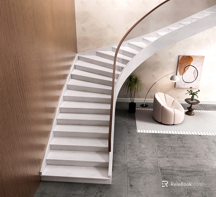 Modern Staircase Interior Design With White Steps Glass Railing Wooden Wall And Beige Chair 3d model 