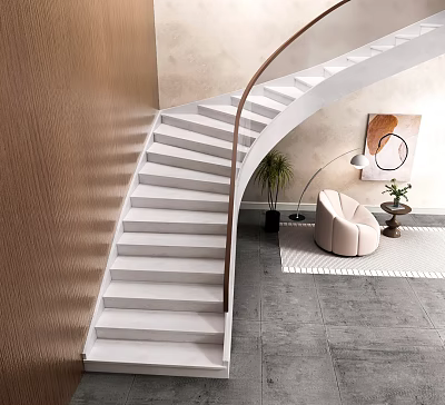 Modern Staircase Interior Design With White Steps Glass Railing Wooden Wall And Beige Chair 3d model
