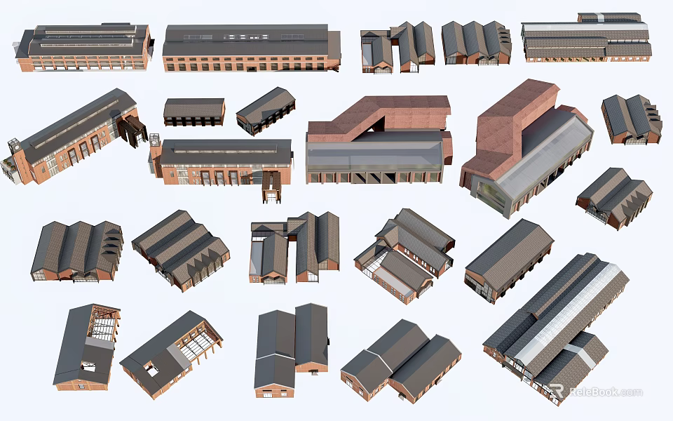 Diverse Industrial Factory Buildings Featuring Various Structural Styles And Roof Designs 3d model 