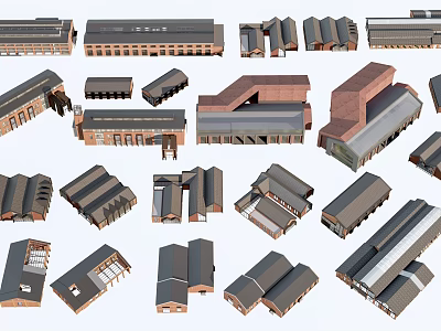 Diverse Industrial Factory Buildings Featuring Various Structural Styles And Roof Designs 3d model