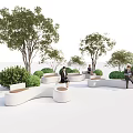 Modern Curved Landscape Seats In Outdoor Setting With Trees And Shrubs