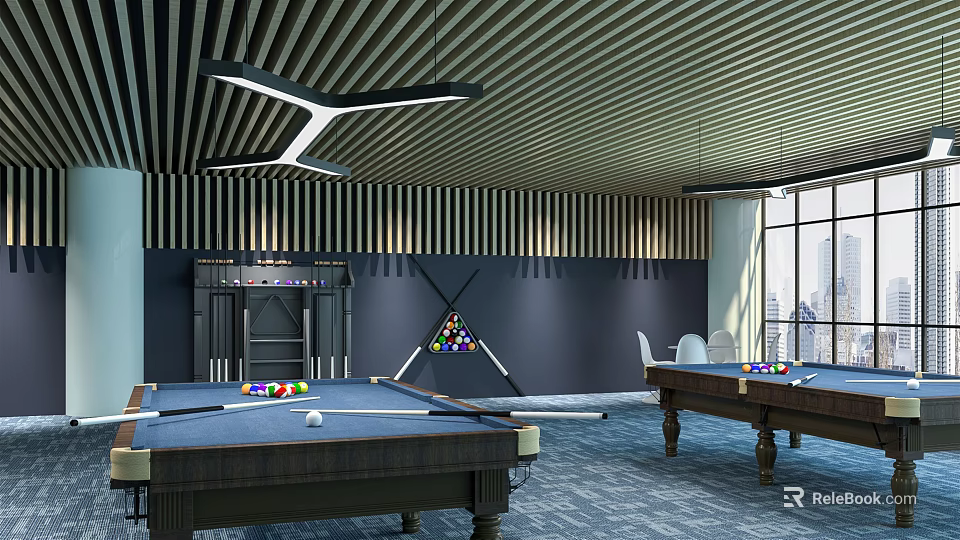 Modern Billiard Room Interior Design With Striped Ceiling Pendant Lighting Two Tables And City View 3d model 
