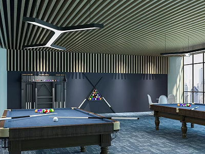 Modern Billiard Room Interior Design With Striped Ceiling Pendant Lighting Two Tables And City View 3d model