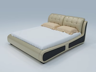 Modern Double Bed With Tufted Beige Leather Headboard White Mattress And Black Base 3d model