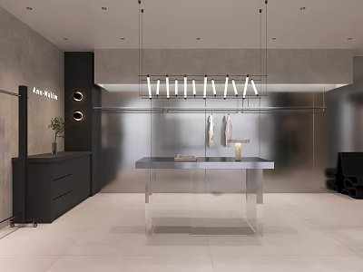 Contemporary Clothing Store Interior With Glass Display Table And Hanging Lights 3d model