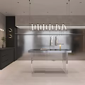 Contemporary Clothing Store Interior With Glass Display Table And Hanging Lights