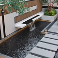 Modern Garden Outdoor Living Space With Wooden Deck Wicker Sofa And Lush Green Plants