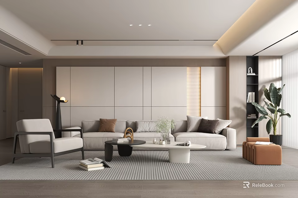 Modern Living Room Interior With Beige Sofa Coffee Table Striped Rug And Potted Plant 3d model 