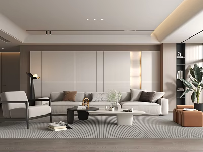 Modern Living Room Interior With Beige Sofa Coffee Table Striped Rug And Potted Plant 3d model