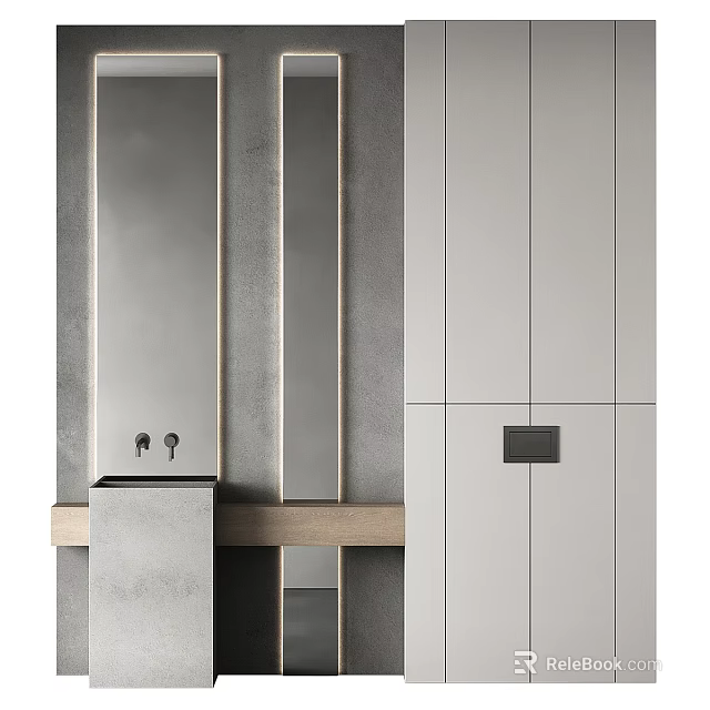 Modern Bathroom Washbasin With Gray Countertop White Cabinets And Long Mirror 3d model 