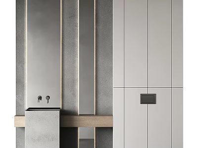 Modern Bathroom Washbasin With Gray Countertop White Cabinets And Long Mirror 3d model
