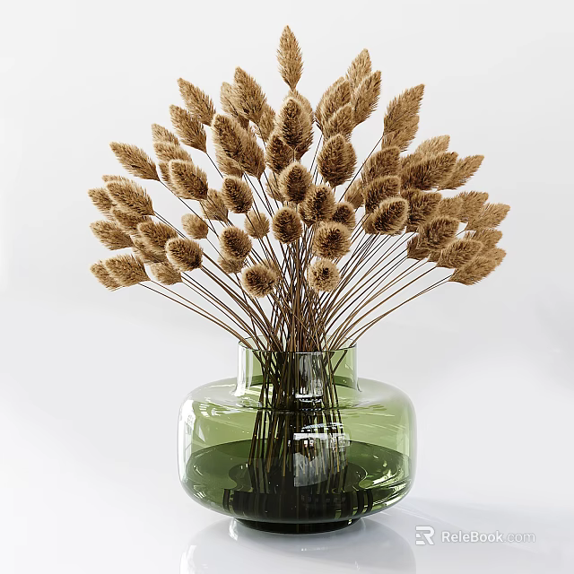 Elegant Green Glass Vase With Dried Flowers Arrangement On White Background 3d model 