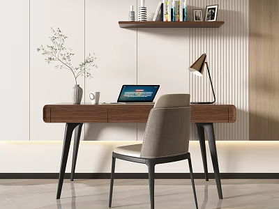 Modern Wooden Desk with Laptop White Mug Green Plant and Bookshelf on Light Striped Wall 3d model