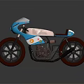 Vintage Blue Motorcycle With White Windshield Brown Seat And Red Wheels