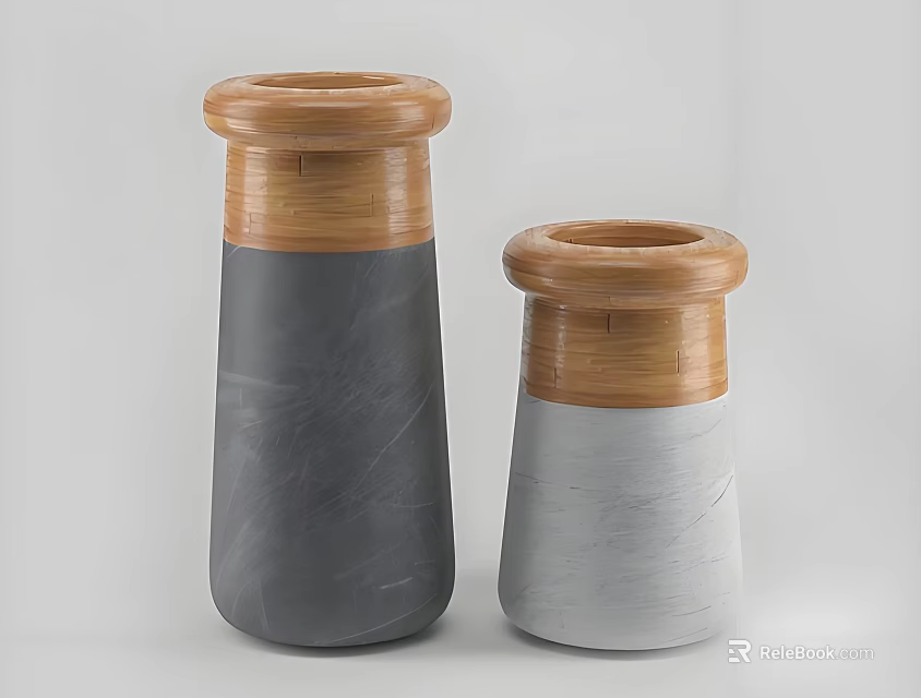 Two Ceramic Vases With Wooden Tops In Gray And White Simple Design 3d model 