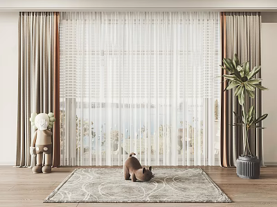 Brown And Beige Sheer Curtains With Drapes In Modern Living Room Interior 3d model