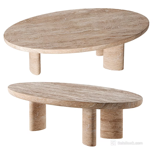 Modern Oval Coffee Table Design With Natural Stone Top And Cylindrical Legs 3d model 