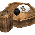 Rustic Wooden Side Tables with Tree Stump Texture Ceramic Jar Pinecones and Nut Plate 3d model