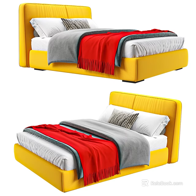Yellow Frame Double Bed With White Sheets Gray Red Blankets And Striped Pillow 3d model