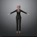 3D Female Character Model With Pink Hair Black Striped Suit Red Shoes And Outstretched Arms