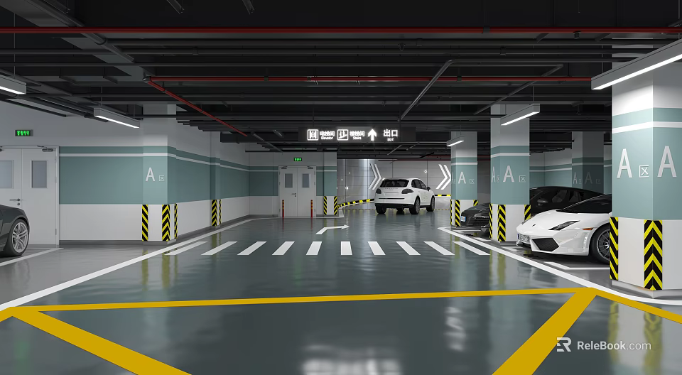 Clean Modern Underground Parking Garage With Yellow White Floor Markings And Directional Signs 3d model 
