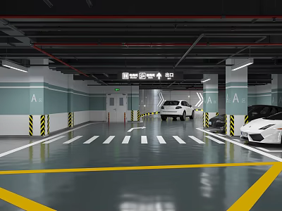 Clean Modern Underground Parking Garage With Yellow White Floor Markings And Directional Signs 3d model