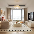 Modern Living Dining Room Interior With Beige Sofa Geometric Rug And Coffee Table