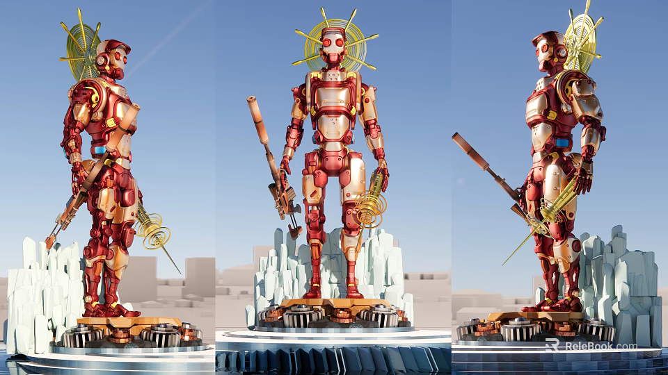 Intelligent Humanoid Robot With Red Gold Metallic Structure Holding Rifle On Base Platform 3d model 