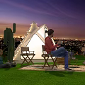 White Cone Shaped Tent With String Lights For Family Camping On Grass At Night