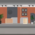 Modern Orange Window Display With Framed Artworks Green Plants And Geometric Screens