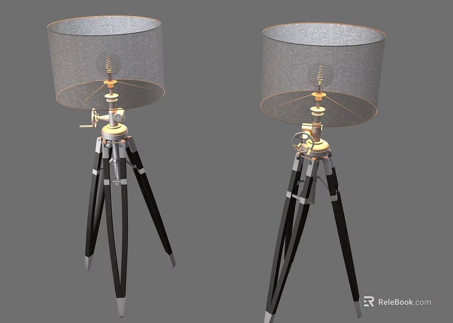 Modern Tripod Floor Lamps With Gray Fabric Shades And Black Silver Bases 3d model 