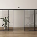 Sliding Glass Doors With Black Frames In Modern Interior Wooden Floor And Plant