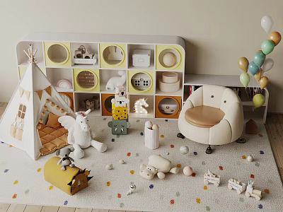 Playroom Interior With White Storage Shelf Teepee Tent Stuffed Toys Beige Armchair and Colorful Balloons 3d model