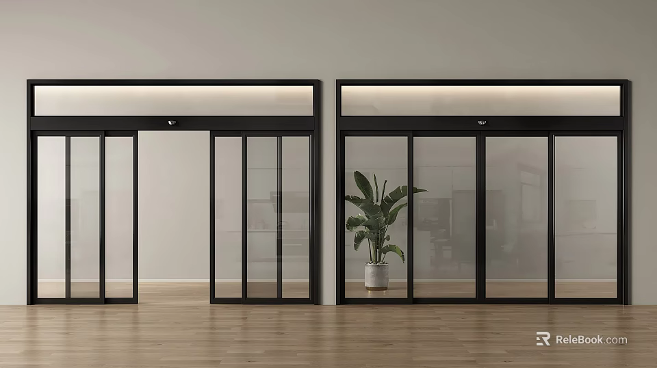 Modern Black Frame Sliding Glass Doors With Green Plant And Wooden Floor Interior 3d model 