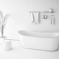 White Bathtub With Gray Wall Pink Towel Silver Towel Rack Green Plant And Pink Stool