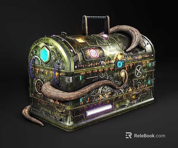 Ornate Mystical Chest with Curved Horns Colorful Gems Intricate Gears and Enchanted Runes 3d model 