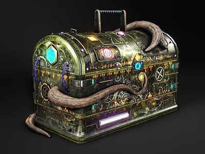 Ornate Mystical Chest with Curved Horns Colorful Gems Intricate Gears and Enchanted Runes 3d model
