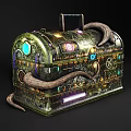 Ornate Mystical Chest with Curved Horns Colorful Gems Intricate Gears and Enchanted Runes
