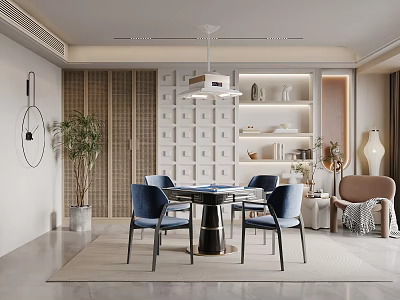 Elegant Modern Hotel Mahjong Room Interior With Round Table Blue Chairs And Pendant Lighting 3d model