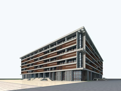 Modern Multi Story Office Building With Brown White Facade Large Windows And Entrance Steps 3d model