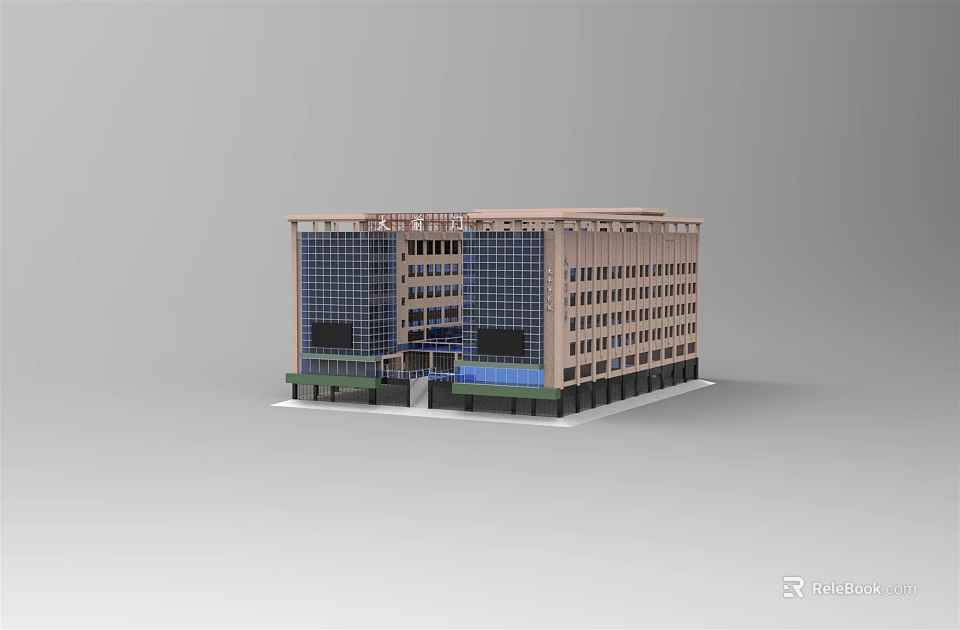 Modern Multi Storey Building Model With Glass Curtain Walls Brick Facade And Entrance 3d model 
