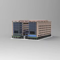 Modern Multi Storey Building Model With Glass Curtain Walls Brick Facade And Entrance