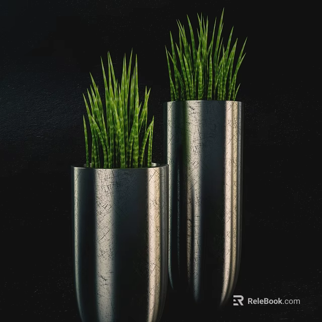Elegant Bonsai Potted Plants in Silver Metallic Pots with Green Leaves on Black Background 3d model 